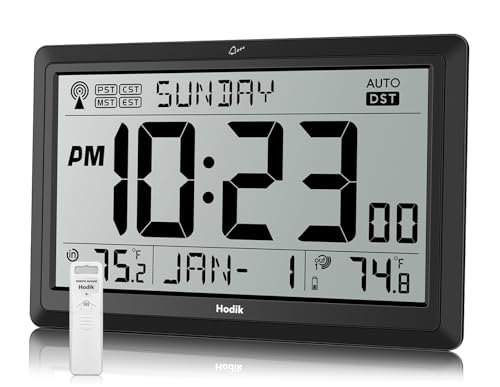 Atomic Wall Clock with Indoor Outdoor Temp, Digital Clocks (Black) | 10.5 inch Clocks Battery Operated DST Atomic Clock Wall for Living Room Bedroom Temperature Humidity Weather Station Clock