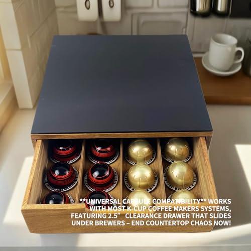 Tempered Glass and Natural Wood Coffee Pod Drawer Organizer - 20 Capsule Multifunctional K Cup Storage | Countertop Coffee Station Organizer for Home/Office (Black)