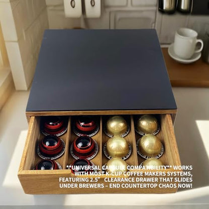 Tempered Glass and Natural Wood Coffee Pod Drawer Organizer - 20 Capsule Multifunctional K Cup Storage | Countertop Coffee Station Organizer for Home/Office (Black)