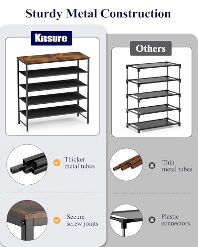 Kitsure 5-Tier Shoe Rack with Wooden Top, 29.5" x 11.4" x 31.1", Brown | Wooden Shoe Rack for Entryway, Closet, Metal Frame Shoe Storage for Closet, Space-Saving Shoe Rack Organizer with Table Top