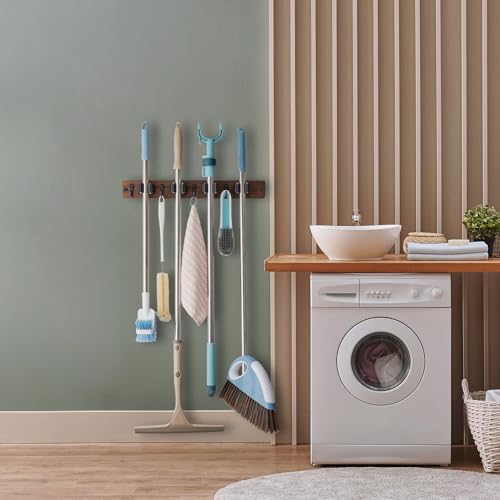 OUTNILI Mop and Broom Holder Wall Mount - Wood Broom Mop Hanger - Wall Mounted Garden Tool Rack Organizer for Closet Garage Laundry Room, Rustic Kitchen Decor With 4 Slots & 4 Hooks