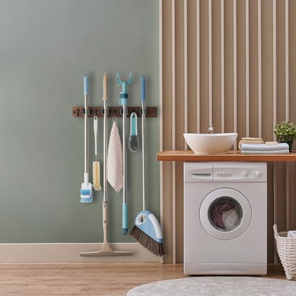OUTNILI Mop and Broom Holder Wall Mount - Wood Broom Mop Hanger - Wall Mounted Garden Tool Rack Organizer for Closet Garage Laundry Room, Rustic Kitchen Decor With 4 Slots & 4 Hooks