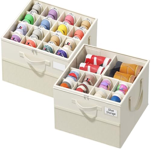 Plus Size 2 Pack Shoe Organizer for Closet, Foldable Shoe Storage Box | 16–24 Pair Shoe Storage for Sneakers, Boots & Heels with Adjustable Dividers, Clear Cover & Space Saving Closet Storage