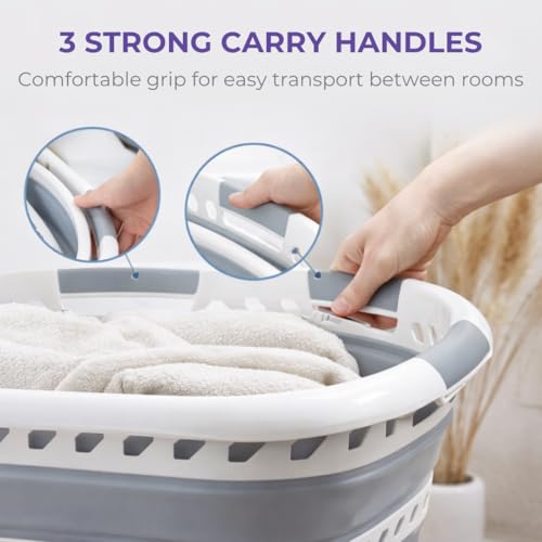 Laundry 360 Collapsible Laundry Basket 40L | Portable | Space Saver Storage | Hold 2 Loads | Store Under the Bed or Closet | Good for Kids | Dorm | Bedroom | Large | White/Grey