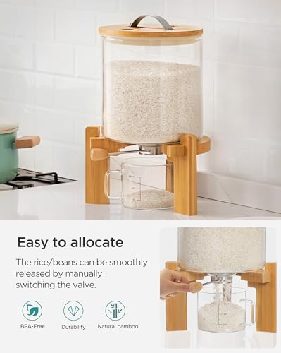 HBlife 8-10 Lbs Glass Rice Dispenser with Wooden Stand Flour and Cereal Container with Glass Measuring Cup Pantry Food Organization Storage Bin with Airtight Bamboo Lid, 5L