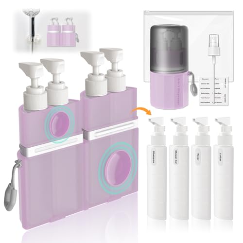 4 in 1 Travel Dispenser Bottle, Travel Bottles for Toiletries, Pink | 4 × 55ml Leak Proof Travel Bottles with Suction Cups