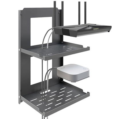 2-Tier Router Shelf Wall Mount Foldable - 10 inch Metal Outlet Shelf w/Cable Holes | Dual-Layer Organize & Connect for Router and Modem & Smart Home Decor | Folds Up & Stackable (Medium)