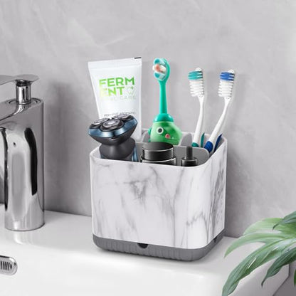 Toothbrush Holder for Bathrooms, Toothbrush Organizer (Grey Marble Grain) | Easy To Clean, Drainage, Removable, Non-Slip, 4 Slots Tooth Brush Holder for Bathroom Countertop Organizer