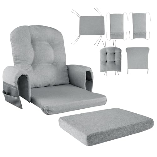 HOMBYS Glider Rocker Replacement Cushions with Storage Side Pocket,Linen-Like Fabric, Foam & Microfiber Filling, Non-Slip & Washable,Thickened & Supportive for Glider Rocking Chair (Grey)
