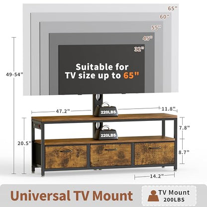 TV Stand with Mount, Entertainment Center for 55 60 65 inch, Brown | TV Console with Drawers & Led Lights, AC Outlets & USB Ports, For Living Room, Bedroom, Height Adjustable, Swivel TV Cabinet