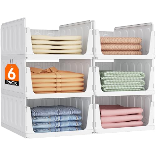 Lifewit 6 Pack Stacking Closet Organizers Shelf for Clothes 16.5" Depth | Plastic Stackable Sweater Storage basket Bins for Wardrobe, Multifunctional Pants Organizer for RV, Pantry, Kitchen, Dorm