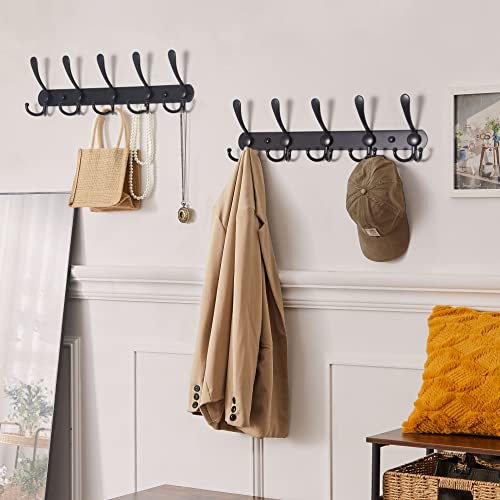 Coat Rack Wall Mounted - 5 Tri Hooks, Heavy Duty, Stainless Steel, Metal Coat Hook Rail for Coat Hat Towel Purse Robes Mudroom Bathroom Entryway (Black, 2 Packs)