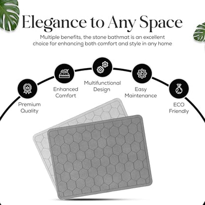Diatomaceous Earth Stone Bathmat | Eco-Friendly XL Stone Bath Mat 18x24 Inch. Instant Dry Bathroom Mat with Sandpaper & Pads. Multiuse, Kitchen Counter & Stone Dog Bowl Mat (1, Grey)