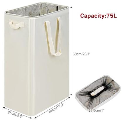 Slim Laundry Basket, Narrow Laundry Hamper with Ha... (Beige | Fabric)