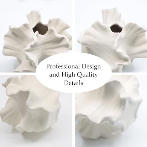 Ceramic Vase - Set of 2 for Home Decor,White Flower Shape Pampas Vases Minimalist Nordic Boho Style for Modern Farmhouse Decor, Living Room、 Kitchen、Mantle、Bedroom、Dining Table、Office