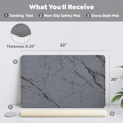 Extra Large Stone Bath Mat for Bathroom (32" x 20") | Non Slip Super Absorbent Quick Dry Diatomaceous Earth Bath Mat | XL Diatomite Stone Bath Shower Mat | Drying Mat for Kitchen Counter | Gray