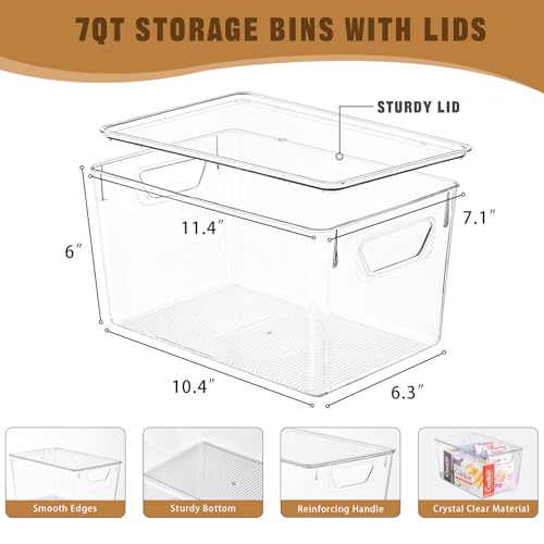 Freebat 6 Pack Clear Storage Bins with Lids, 7 Quart Pantry Organizer Bins | Stackable Plastic Storage Containers, Pantry Organization for Office, Bedroom, Cabinet, Fridge,Kitchen Organization