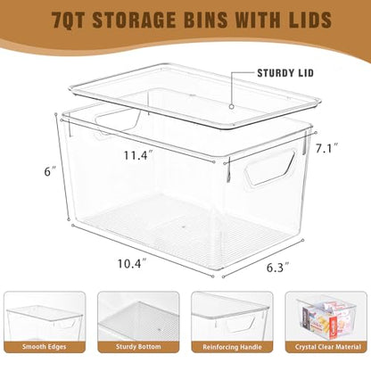 Freebat 6 Pack Clear Storage Bins with Lids, 7 Quart Pantry Organizer Bins | Stackable Plastic Storage Containers, Pantry Organization for Office, Bedroom, Cabinet, Fridge,Kitchen Organization