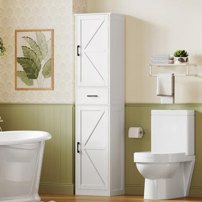 Tall Storage Cabinet with 3 Door Shelves & 1 Drawer, Narrow Kitchen Pantry Cabinet for Living Room, Bathroom, Entryway, White