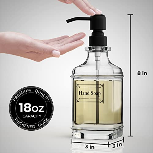 2 Pack Soap Dispenser, 18 Oz Antique Design Thick Glass Hand Dispensers; with 304 Rust Proof Stainless Steel Pump, 6Pcs Clear Stickers, for Kitchen, Bathroom- Black