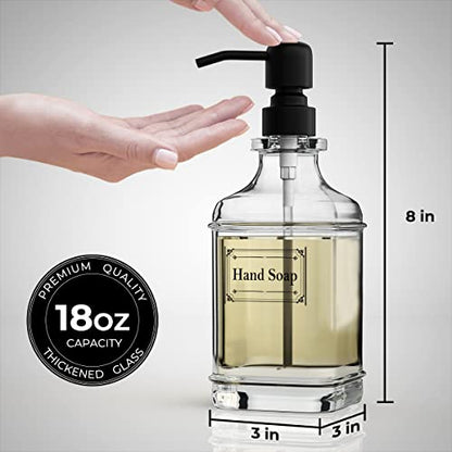 2 Pack Soap Dispenser, 18 Oz Antique Design Thick Glass Hand Dispensers; with 304 Rust Proof Stainless Steel Pump, 6Pcs Clear Stickers, for Kitchen, Bathroom- Black