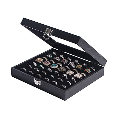 Pangkeep Ring Organizer Display Case,Black Jewelry Storage Tray Boxes for Multiple Rings,Glass Lid,Stackable. (42 Slots)
