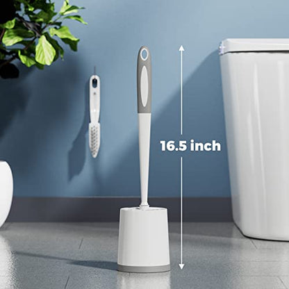 Toilet Brush and Holder Set, 3 Pack, White | Bathroom Accessories, Ergonomic Silicone Handle, Dense Bristles, Deep Cleaning, with 3 Crevice Brushes, Scrubber