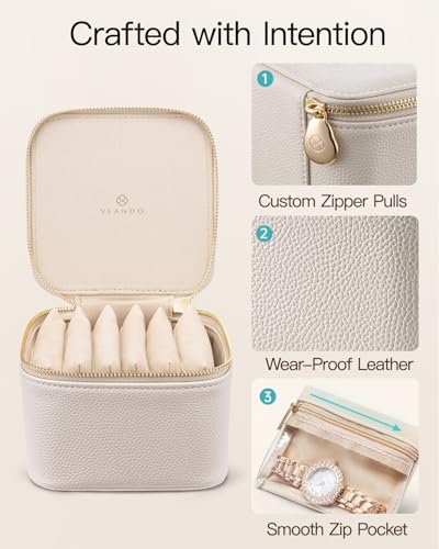 VLANDO Travel Jewelry Case,Valentines Gifts,Small Jewelry Box Organizer,Travel Jewelry Storage with 6 Velvet Jewelry Zipper Pockets, Birthday Gifts for Women Girls (White)