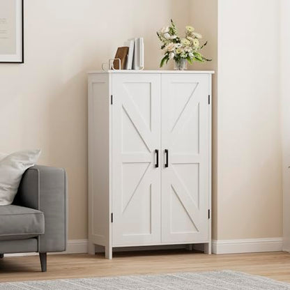 43.3" H Farmhouse Bathroom Storage Cabinet with Adjustable Shelves | Freestanding Storage Cabinet with Barn Doors for Bathroom, Kitchen, Living Room, Dining Room & Entryway, White