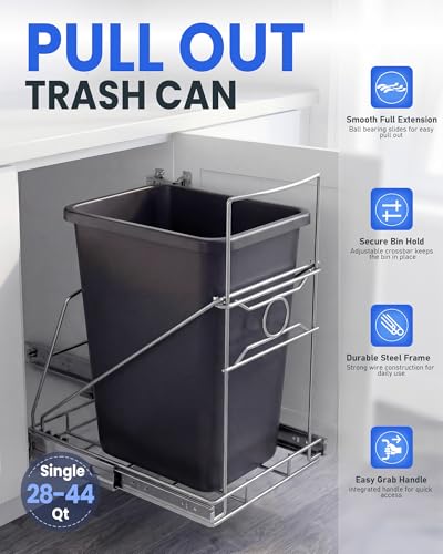 Trash Can Pull Out for Kitchen Cabinet, Silver | Upgraded Under Sink Slide Out Holder Fits Most 7 to 11 Gallon Bins, Requires 12.5"W x 17.3"D x 17.5"H, Bin Not Included