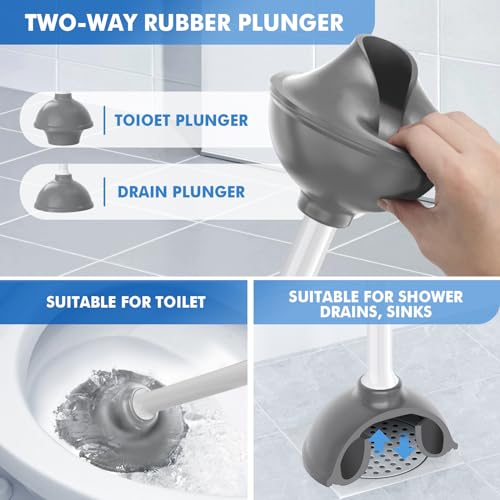 Toilet Plunger and Brush, Bowl Brush and Heavy Duty Toilet Plunger Set with Ventilated Holder, 2-in-1 Toilet Brush and Plunger Combo for Bathroom Cleaning (2, White)
