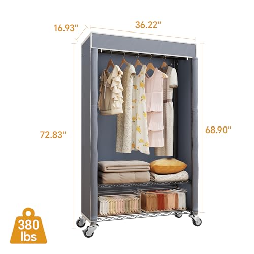 Higeego H4 Heavy Duty Clothes Rack, Black Clothing Rack with Grey Cover | Rolling Clothes Rack with Cover, Garment Rack on Wheels, Portable Closet for Hanging Clothes, Max Load 380LBS