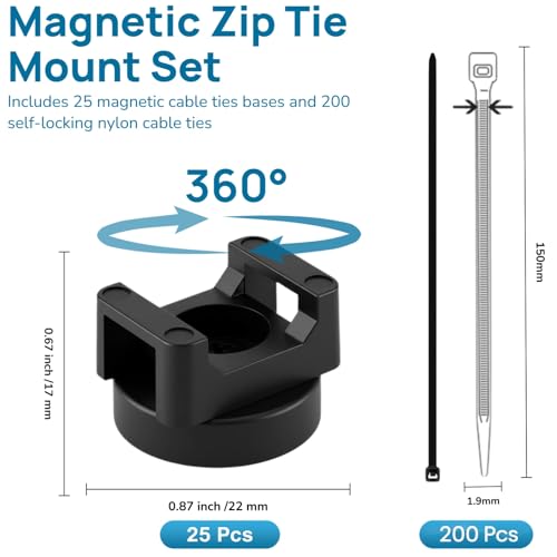 225-Pc Magnetic Cable Ties Set,Magnetic Zip Tie Mounts & Cable Ties | Magnetic Wire Holder, 25 Magnetic Cable Holders & 200 Zip Ties, Magnet Cable Tie Mounts for Cables, Wires, Cords, Hoses-22 mm