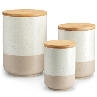 vancasso Sabine Kitchen Canister Set of 3, Ceramic Food Storage Containers with Airtight Wood Lids, Countertop & Pantry Organization for Flour, Sugar, Coffee, Tea & Snacks