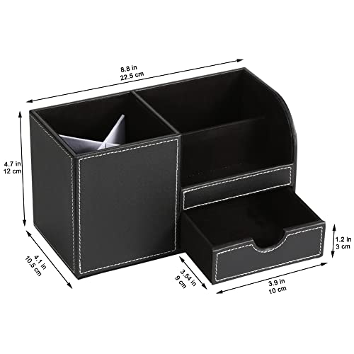 Desk Organizer Office Supplies Caddy Pu Leather Multi-function Storage Box Pen/Pencil,Cell phone, Business Name Cards Remote Control Holder with Small Drawer Black