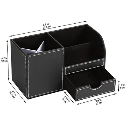 Desk Organizer Office Supplies Caddy Pu Leather Multi-function Storage Box Pen/Pencil,Cell phone, Business Name Cards Remote Control Holder with Small Drawer Black