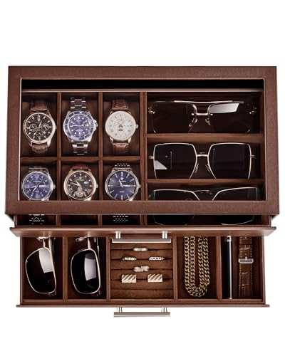 ProCase Watch Case, Mens Jewelry Box for 6 Watch & 5 Sunglasses -Brown | Pull-Out Drawer 2-Tier Leather Watch Organizer with Glass Display Top, fit Watches Size Up to 50 mm, Gift for Men & Women