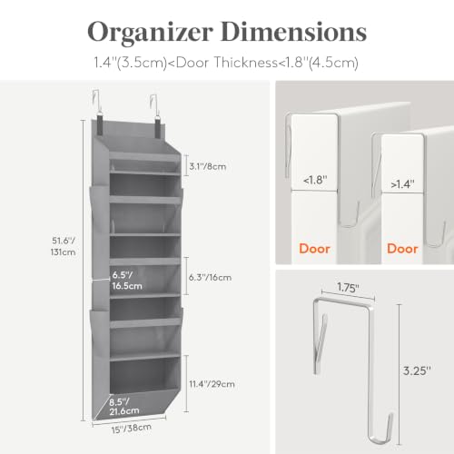 Lifewit 1 Pack Over the Door Organizer, Clear Window Hanging Storage with 4 Side Pockets, Anti Tilt 40 lbs Load Behind Door for Pantry, Nursery, Bathroom, Bedroom, Dorm, 5 Section, Gray