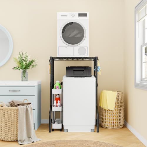 U16 Upgraded Washer Dryer Stacking Rack for Narrow Laundry Room | Metal Over Washer and Dryer Storage Shelves, Laundry Space Saver for Portable Dryer, 29.5"W x 23.6"D x 53.1"H, Black