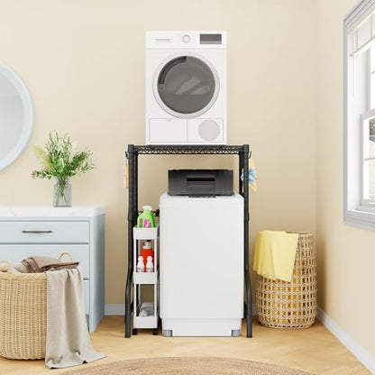U16 Upgraded Washer Dryer Stacking Rack for Narrow Laundry Room | Metal Over Washer and Dryer Storage Shelves, Laundry Space Saver for Portable Dryer, 29.5"W x 23.6"D x 53.1"H, Black