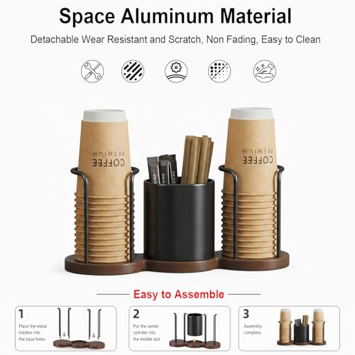 GOYLSER Coffee Bar Organizer with Straw & Stirrer Storage Caddy for Cups Lids, Coffee Organizer Station Home Kitchen Office Coffee Cup Holder for Countertop, Black