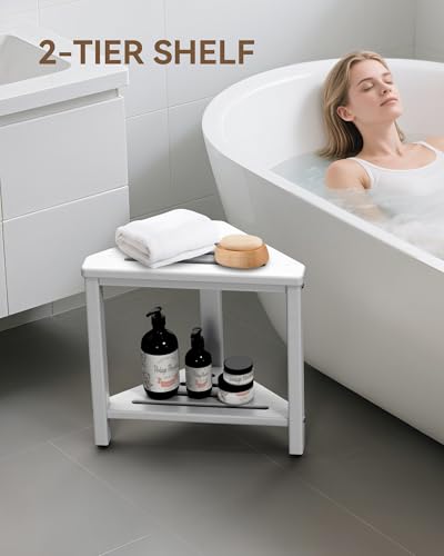 Shower Foot Rest 15in, HDPE Waterproof Shower Stool for Inside Shower, Corner Shower Stool for Shaving Legs with Storage Shelf for Small Space, Shower Step Stool, Plastic Corner Shower Bench, White