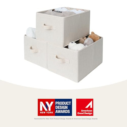 StorageWorks Foldable Shelf Organizer Bins, Closet Storage Baskets for Clothes, Fabric Storage Bins for Shelves, Beige Stripes, 3-Pack, Large