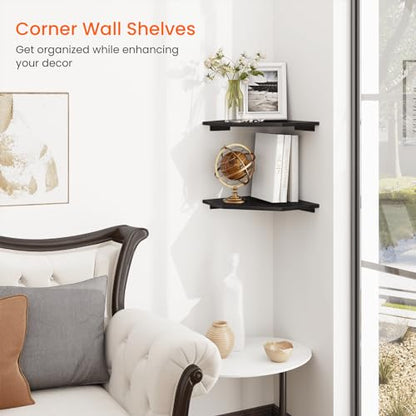 Corner Shelf Wall Mount, Set of 2 Corner Floating Shelves with Wire Hole for TV, Cable Box, Wood Hanging Storage Shelf Organizer for Bathroom Kitchen Living Room Bedroom, Black