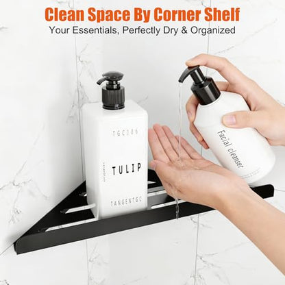 Shower Caddy Storage, Triangle Corner Shelf with Adhesive Glue | Metal Bathroom Shelf Storage, Adhesive or Screw Wall Mounted Corner Shower Rack, Black Rustproof Bath Organizer Accessory