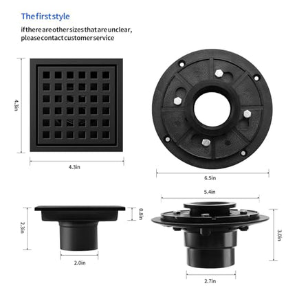 Shower Drain, Matte Black 4 inch Square Shower Floor Drain with Flange, Removeable Grid Panel SUS 304 Stainless Steel Square Shower Drain