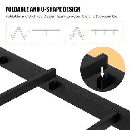 Shintenchi Queen Size Metal Platform Bed Frame with Headboard & Footboard, Steel Slat Mattress Foundation, Under Bed Storage, Noise-Free, No Box Spring Needed, Black Round