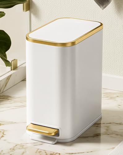 Cesun Small Bathroom Trash Can with Gold Grimmed Lid & Pedal, 1.3Gal, White | Soft Close Lid, Removable Inner Bucket, Slim Stainless Steel Waste Basket for Home Office, Included 5 Trash Bags, Hidden Bags