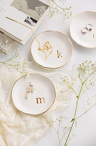 COLLECTIVE HOME Ceramic Jewelry Tray, Trinket Dish, Gifts for Women (K) | Mother's Day, Birthday, Christmas, Engagement Gifts, Vanity, Nightstand Decor, Embossed Gold Monogram Ring Dish with Gift Box