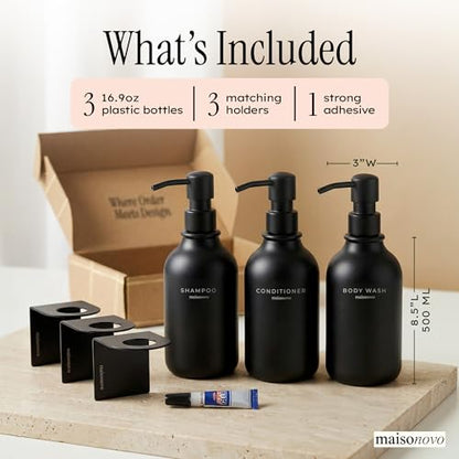 Shampoo and Conditioner Dispenser Wall Mounted Set of 3 Black | 500 ml Shower Gel Dispenser Set of 3. Refillable Shampoo and Conditioner Bottles. Drill Free Secure Design. Black